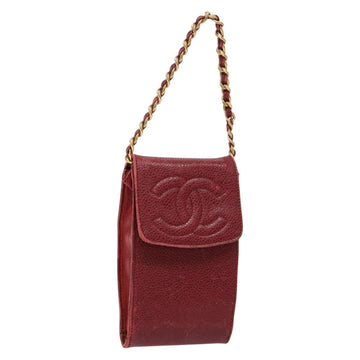 CHANEL Phone Case Caviar Skin Red Gold CC Auth am8937