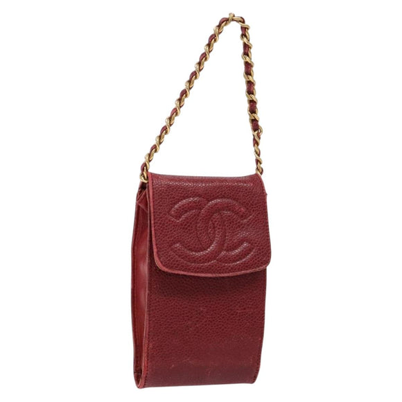 CHANEL Phone Case Caviar Skin Red Gold CC Auth am8937