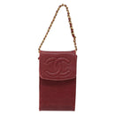 CHANEL Phone Case Caviar Skin Red Gold CC Auth am8937-2