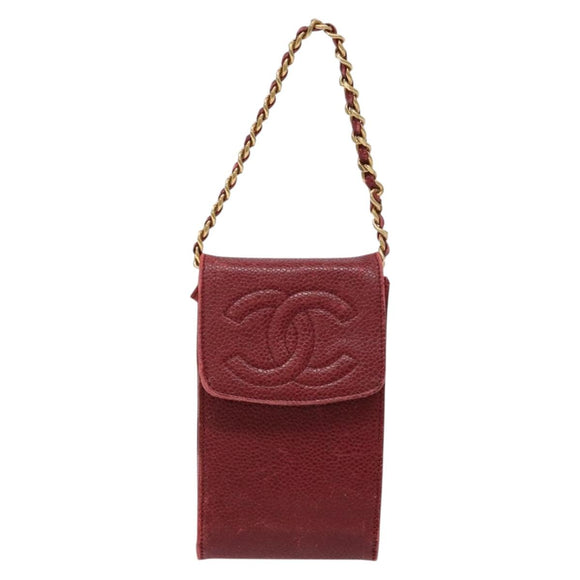CHANEL Phone Case Caviar Skin Red Gold CC Auth am8937