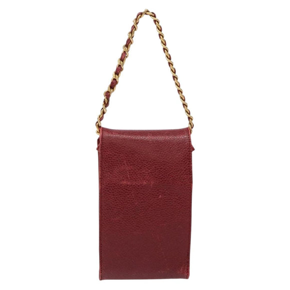 CHANEL Phone Case Caviar Skin Red Gold CC Auth am8937