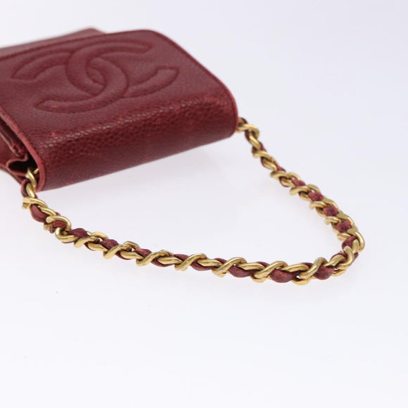 CHANEL Phone Case Caviar Skin Red Gold CC Auth am8937