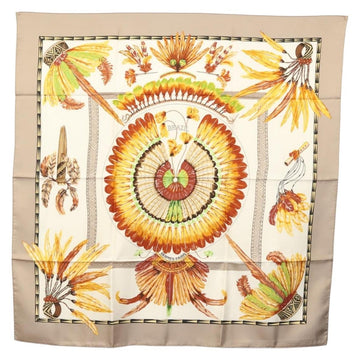 HERMES Carre 90 Scarf ""BRAZIL"" Silk Beige Auth am9005