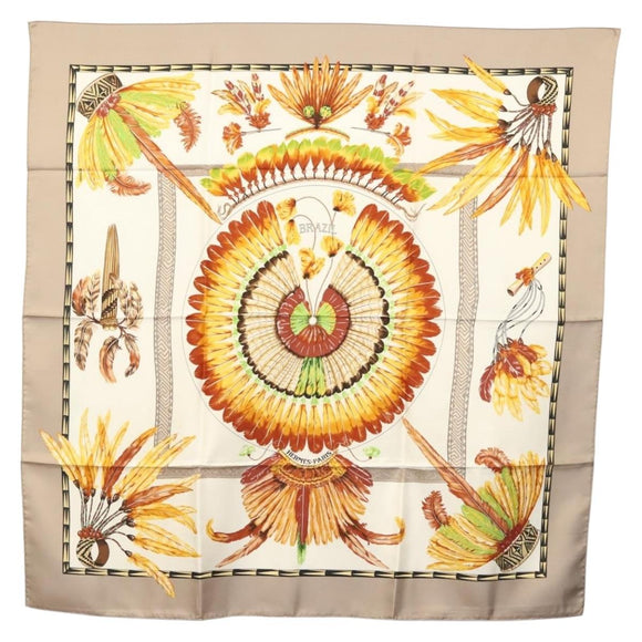 HERMES Carre 90 Scarf ""BRAZIL"" Silk Beige Auth am9005