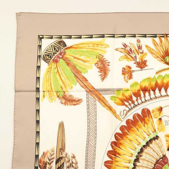 HERMES Carre 90 Scarf ""BRAZIL"" Silk Beige Auth am9005