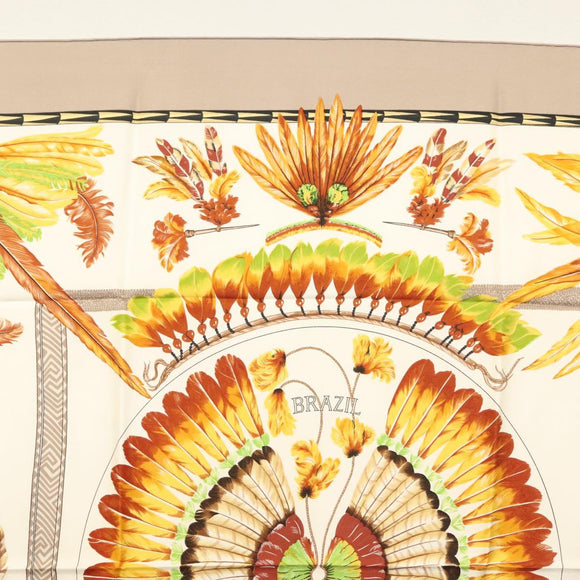 HERMES Carre 90 Scarf ""BRAZIL"" Silk Beige Auth am9005