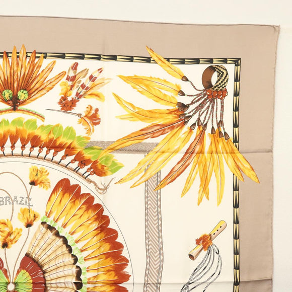 HERMES Carre 90 Scarf ""BRAZIL"" Silk Beige Auth am9005