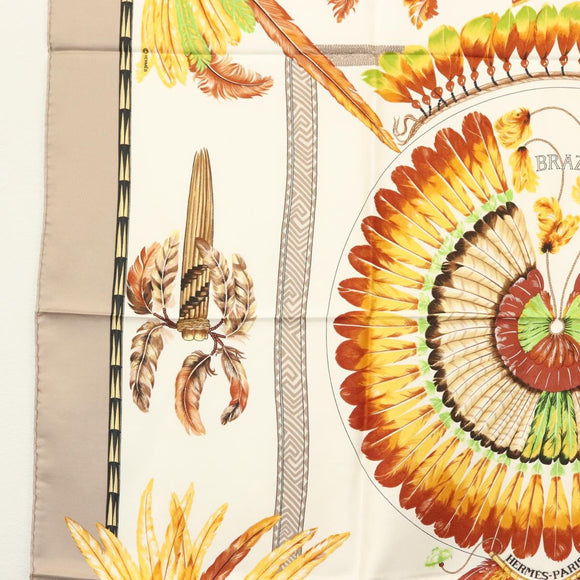 HERMES Carre 90 Scarf ""BRAZIL"" Silk Beige Auth am9005