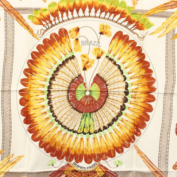 HERMES Carre 90 Scarf ""BRAZIL"" Silk Beige Auth am9005