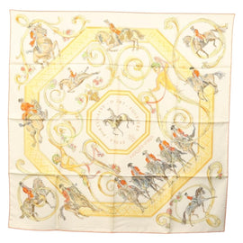 HERMES Carre 90 Scarf ""École Portugaise d'Art Équestre"" Silk Beige Auth am9006