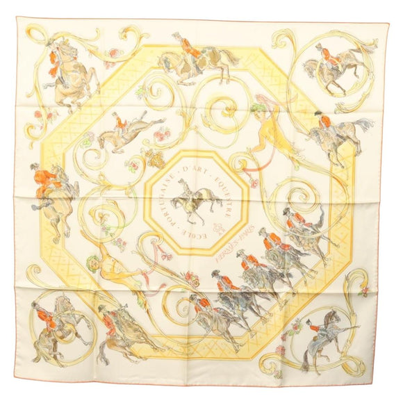 HERMES Carre 90 Scarf ""École Portugaise d'Art Équestre"" Silk Beige Auth am9006