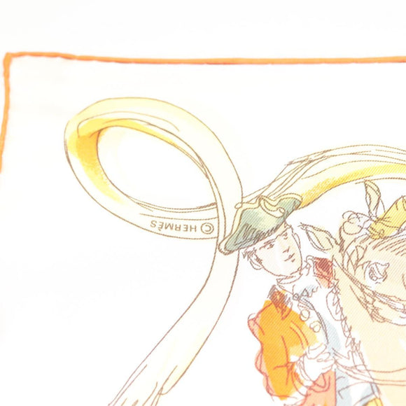 HERMES Carre 90 Scarf ""École Portugaise d'Art Équestre"" Silk Beige Auth am9006