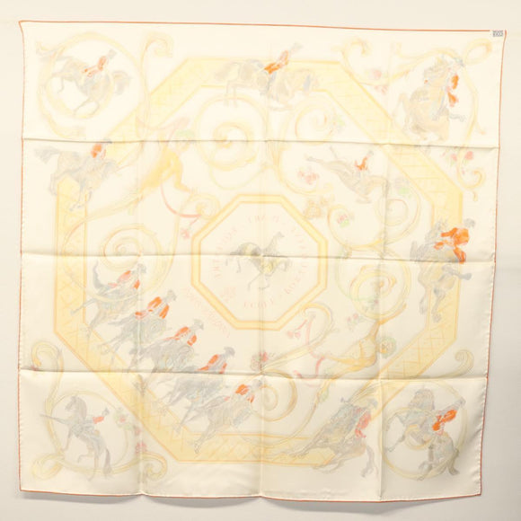 HERMES Carre 90 Scarf ""École Portugaise d'Art Équestre"" Silk Beige Auth am9006