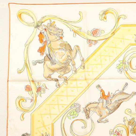 HERMES Carre 90 Scarf ""École Portugaise d'Art Équestre"" Silk Beige Auth am9006