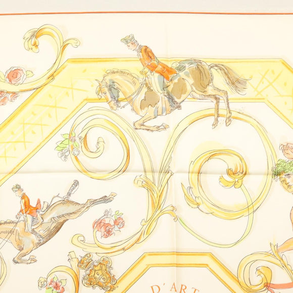 HERMES Carre 90 Scarf ""École Portugaise d'Art Équestre"" Silk Beige Auth am9006