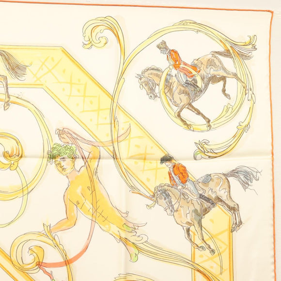 HERMES Carre 90 Scarf ""École Portugaise d'Art Équestre"" Silk Beige Auth am9006