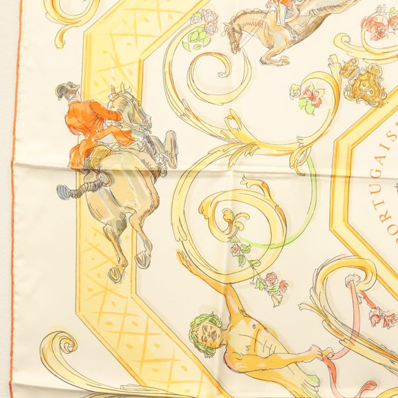 HERMES Carre 90 Scarf ""École Portugaise d'Art Équestre"" Silk Beige Auth am9006