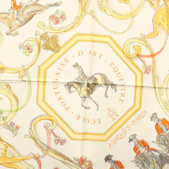 HERMES Carre 90 Scarf ""École Portugaise d'Art Équestre"" Silk Beige Auth am9006