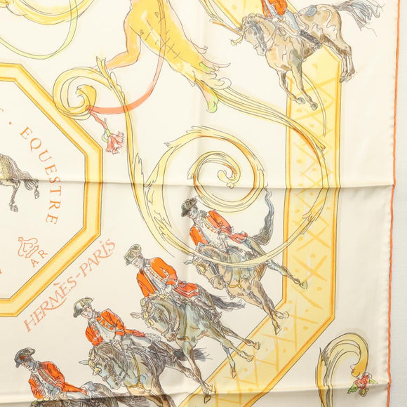 HERMES Carre 90 Scarf ""École Portugaise d'Art Équestre"" Silk Beige Auth am9006