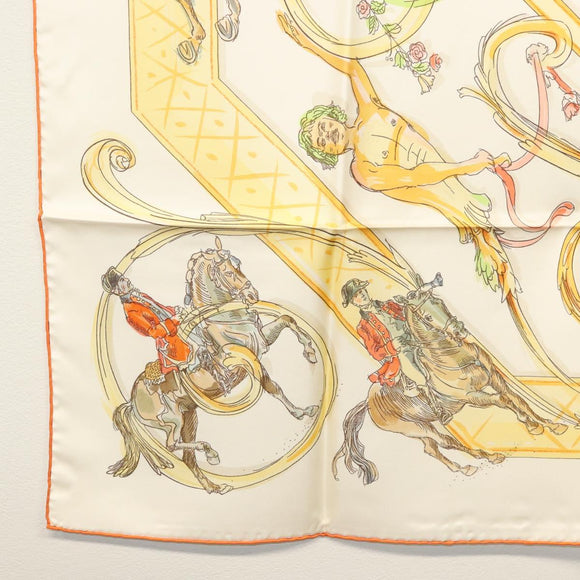 HERMES Carre 90 Scarf ""École Portugaise d'Art Équestre"" Silk Beige Auth am9006