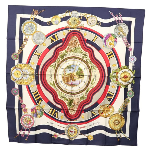 HERMES Carre 90 Scarf ""parmi les fleurs je compt"" Silk Navy Auth am9007