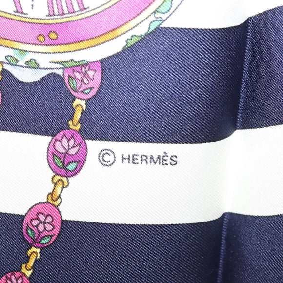 HERMES Carre 90 Scarf ""parmi les fleurs je compt"" Silk Navy Auth am9007