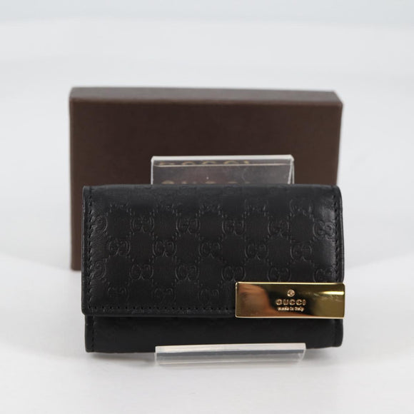 GUCCI GG Canvas Guccissima Key Case Leather Black Gold 268833 2184 Auth am9008V