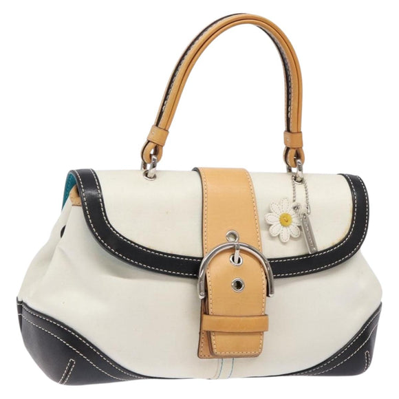 Coach Hand Bag Leather Canvas White Silver Auth am9022