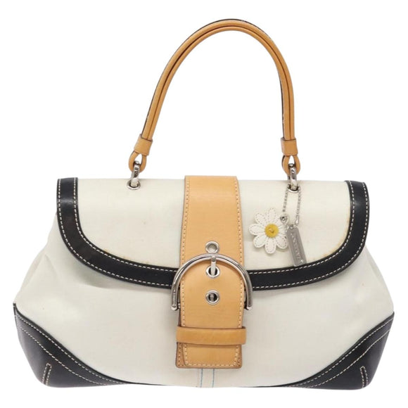 Coach Hand Bag Leather Canvas White Silver Auth am9022