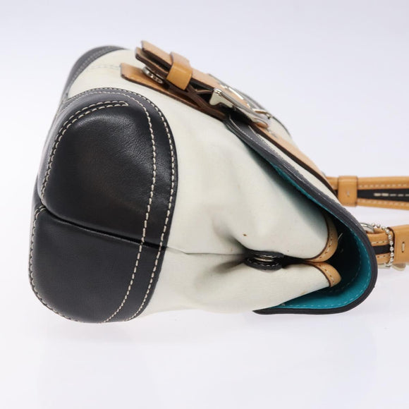 Coach Hand Bag Leather Canvas White Silver Auth am9022
