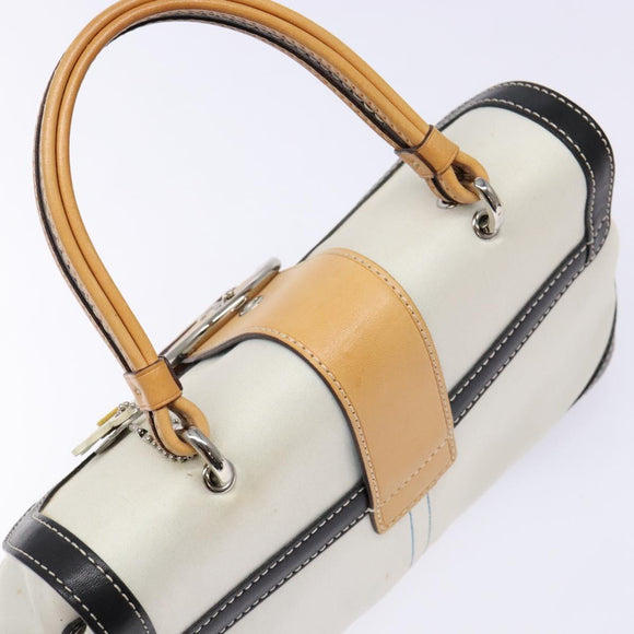 Coach Hand Bag Leather Canvas White Silver Auth am9022
