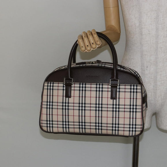BURBERRY Nova Check Hand Bag Canvas Beige Silver Auth am9025V