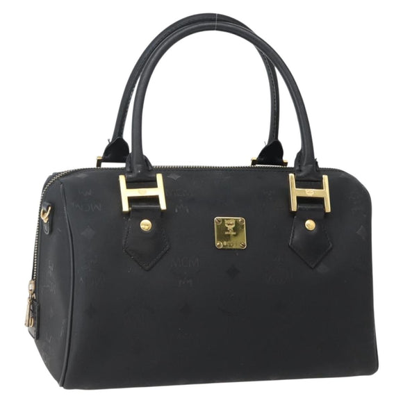 MCM Logogram Vicetos Boston Bag PVC Black Gold Auth am9026