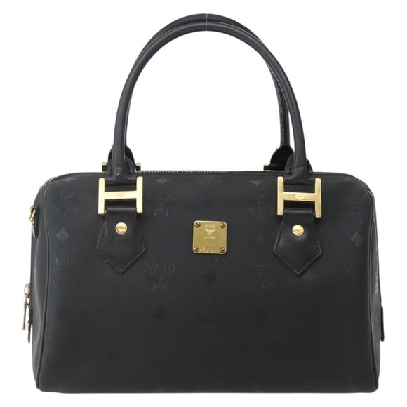 MCM Logogram Vicetos Boston Bag PVC Black Gold Auth am9026