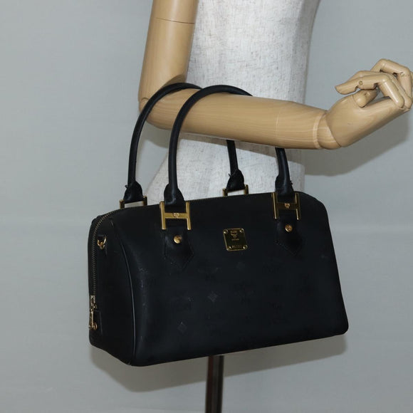 MCM Logogram Vicetos Boston Bag PVC Black Gold Auth am9026