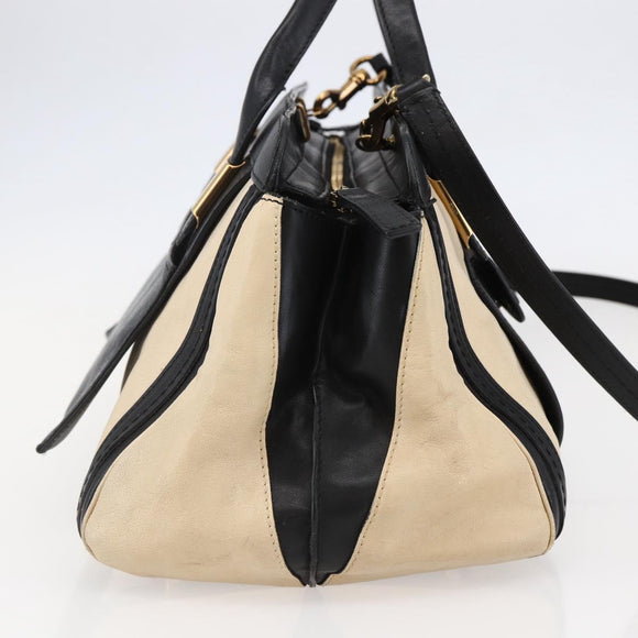 Chloe Alice Hand Bag Leather 2way Beige Black gold Auth am9028