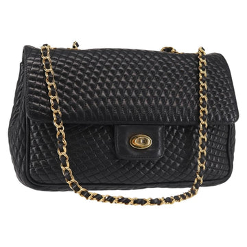 BALLY Chain Shoulder Bag Leather Black Gold Auth am9054
