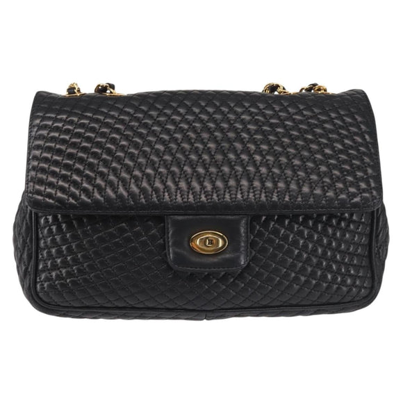 BALLY Chain Shoulder Bag Leather Black Gold Auth am9054