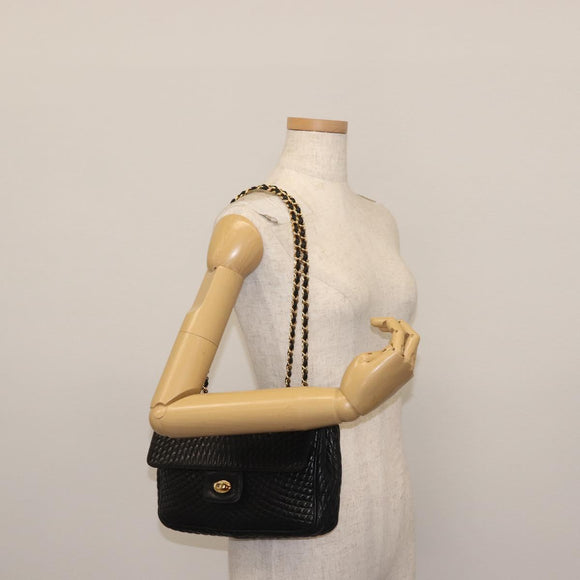 BALLY Chain Shoulder Bag Leather Black Gold Auth am9054