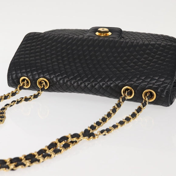 BALLY Chain Shoulder Bag Leather Black Gold Auth am9054