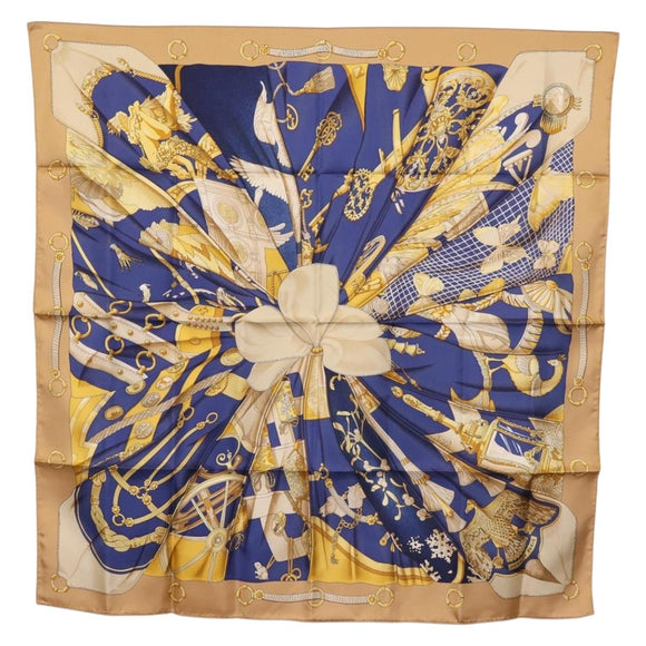 HERMES Carre 90 Scarf ""Soleil de Soie"" Silk Beige Auth am9063