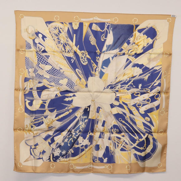 HERMES Carre 90 Scarf ""Soleil de Soie"" Silk Beige Auth am9063