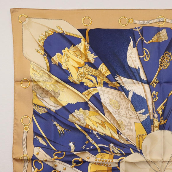 HERMES Carre 90 Scarf ""Soleil de Soie"" Silk Beige Auth am9063