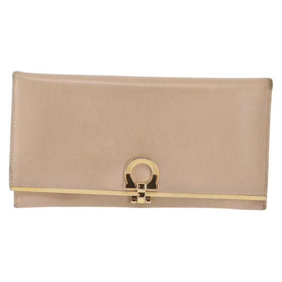Salvatore Ferragamo Gancini Long Wallet Leather Beige Gold Auth am9075