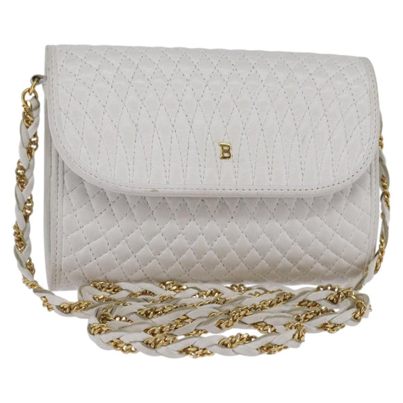 BALLY Chain Shoulder Bag Leather White Gold Auth am9085