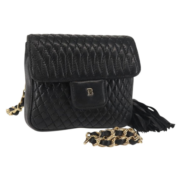 BALLY Chain Shoulder Bag Leather Black Gold Auth am9086