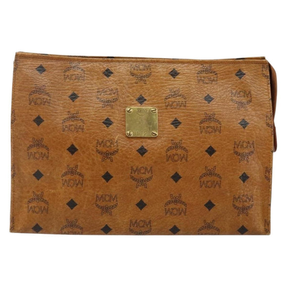 MCM Logogram Vicetos Clutch Tas PVC Leer Bruin Goud Auth am9104