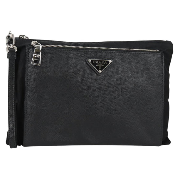PRADA Clutch Bag Saffiano Nylon Zwart Zilver Auth am9108V