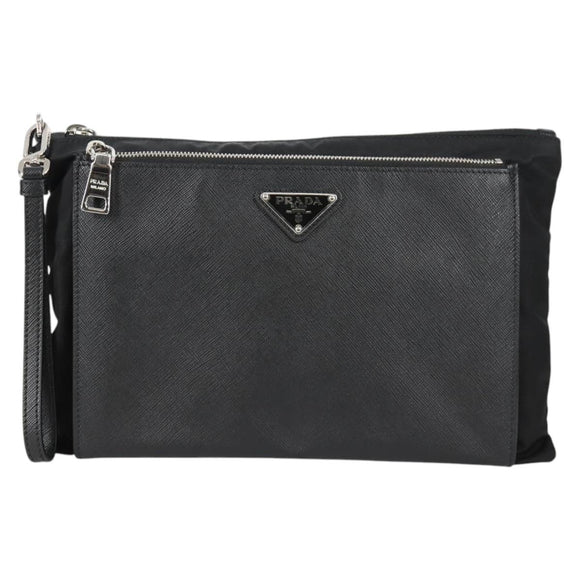 PRADA Clutch Bag Saffiano Nylon Zwart Zilver Auth am9108V