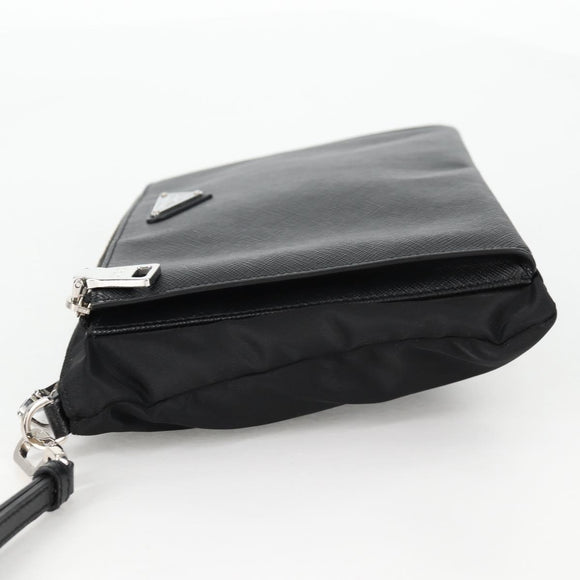 PRADA Clutch Bag Saffiano Nylon Zwart Zilver Auth am9108V
